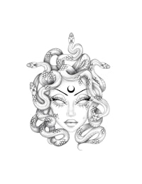 a black and white drawing of a woman with snakes on her face