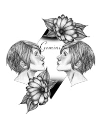 a black and white drawing of a woman with flowers and the word gemini