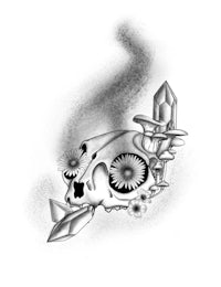 a black and white drawing of a skull and flowers